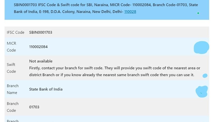 SBIN0001703 IFSC Code for SBI Naraina, Delhi