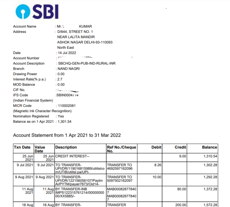 Sbi Bank Statement Quick View And Download Gst Portal India 9712