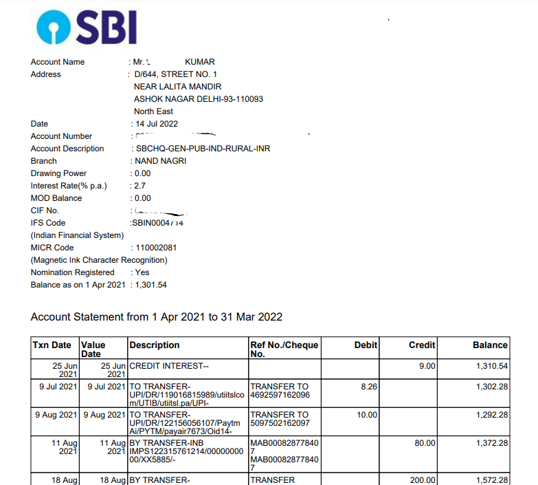 SBI bank statement format